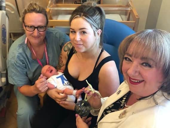 From left to right, midwife Michelle, new mum Alex, baby Hayden and Sharon Hodgson MP.