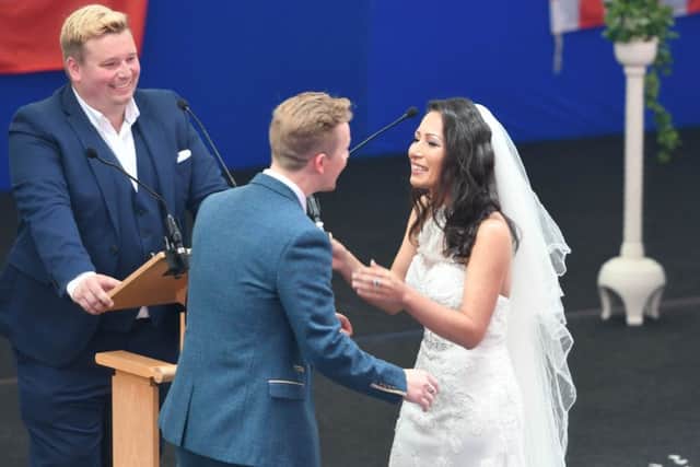 Sunderland fans Marita Phenix and Paul Leadbeater first couple to married on the pitch at the Stadium of Light, at a ceremony on Saturday.