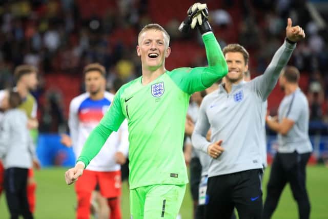 England goalkeeper Jordan Pickford celebrates after hi side win the penalty shoot out during the FIFA World Cup 2018, round of 16 match at the Spartak Stadium, Moscow. PRESS ASSOCIATION Photo. Picture date: Tuesday July 3, 2018. See PA story WORLDCUP England. Photo credit should read: Adam Davy/PA Wire. RESTRICTIONS: Editorial use only. No commercial use. No use with any unofficial 3rd party logos. No manipulation of images. No video emulation