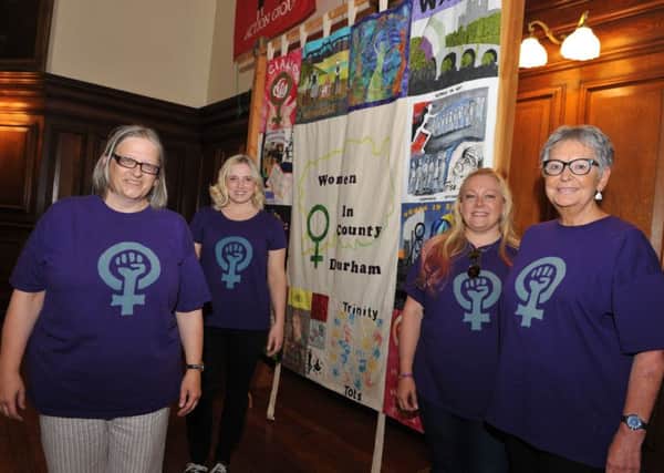 Unveiling the Women's Group banner at Redhills, Durham, left to right, artist Mary Turner, group founder Laura Daly, Lynn Gibson and Heather Wood.