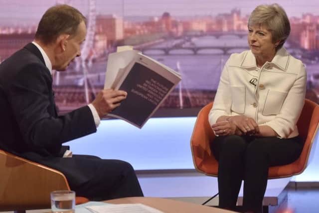 Prime Minister Theresa May on The Andrew Marr show this morning. Pic: Jeff Overs/BBC/PA Wire.