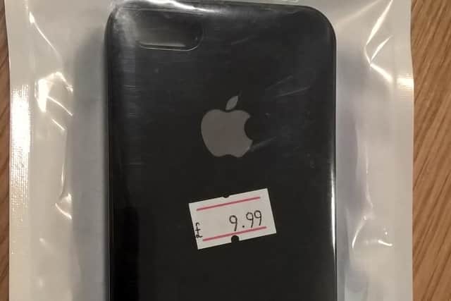 One of the fake Apple phone covers.