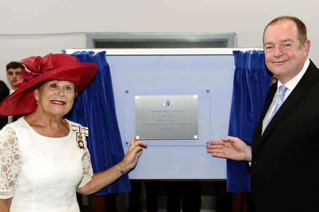 Lord-Lieutenant of County Durham Sue Snowdon opens Seaham High School. As it's headteacher David Shield stands alongside her  Picture by FRANK REID