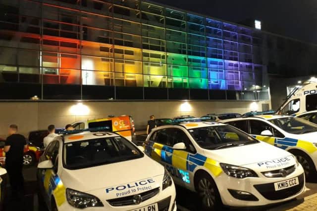 Forth Banks police station was illuminated in the colours of the rainbow flag. Pic: Northumbria Police.