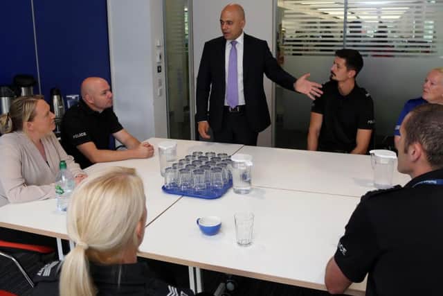 Home Secretary Sajid Javid meets a number of frontline officers at Durham Constabulary.