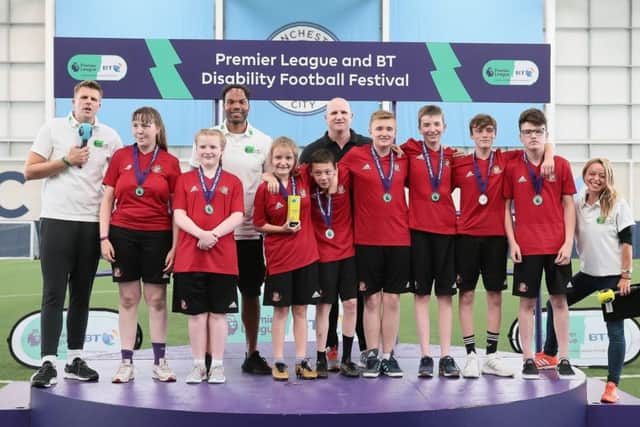 The Sunderland team at the Premier League and BT Disability Football Festival at the Ethiad Campus in Manchester.