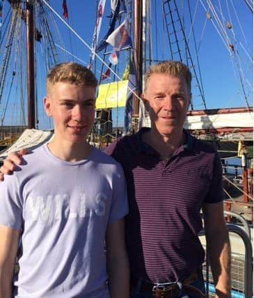 Cameron Peattie and dad Don ready for Cameron to embark the Atyla ship at the Tall Ships event in Sunderland.