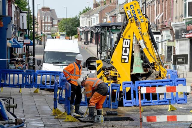 Northumbrian Water engineers remain at the site of the water main burst in Chester Road, Sunderland.