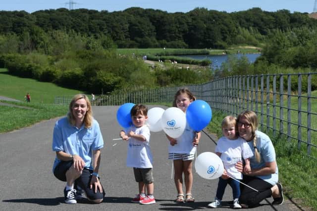 Taking part in a sponsored toddle in memory of Charlie Gard, at Herrington Countrty park, on Saturday were l-r Stephanie Roundsmith head of communications & fundraising, Charlie Gard Foundation, Alfie Cowan (2), Lola Cowan (4), Oliver Kelly (2) and his mum Rachael Kelly who organised the event.