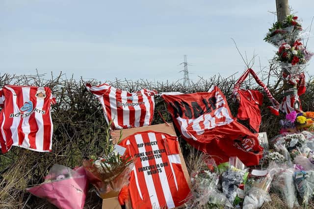 Flowers and football shirts left in tribute to SAFC fan Stuart Price at the scene of the collision in Easington Lane.