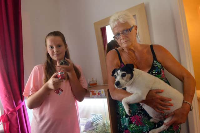 Eve Sloan, 12 with Timmy the tortoise and grandmother Judith Bell with Nip the dog after fire service rescue
