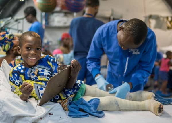 An orthopaedic patient in rehabilitation on board the Africa Mercy.