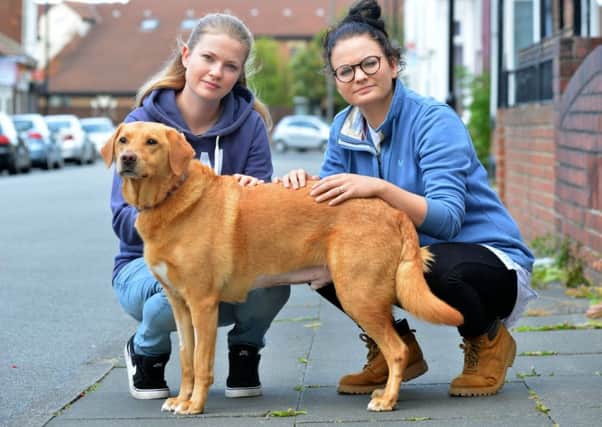 Abi James and Holly Rose James (R) with dog Roo who swallowed a fishing hook left by anglers