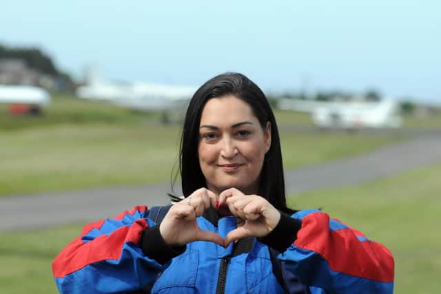 Gemma Lowery taking part in a charity skydive in her son's memory.