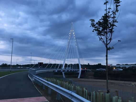 Lights on the Northern Spire are bridge are tested this evening.