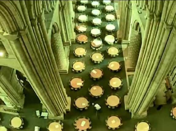 A still from the timelapse video shows tables being set out in the nave of Durham cathedral. Pic: North East England Chamber of Commerce.