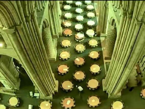 A still from the timelapse video shows tables being set out in the nave of Durham cathedral. Pic: North East England Chamber of Commerce.
