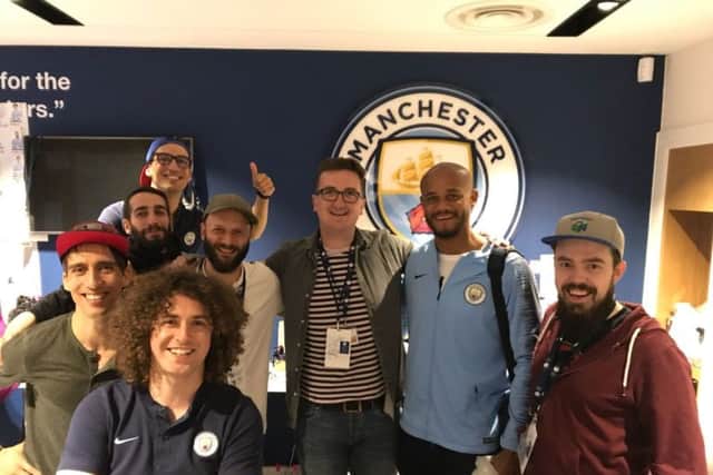 Jonathan Smith (far right) with crew of All or Nothing docu-series, alongside Man City Captain Vincent Kompany (in football top).