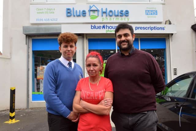 Alexander Gallon, 15,  suffered a anaphylactic shock after eye brow waxing. With his mother Nicola Robinson and pharmacist Babar Arshad owner of Blue House Pharmacy