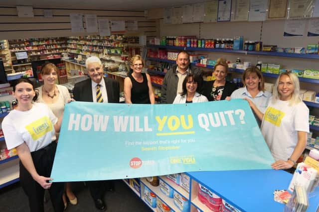 L-R: Lisa Surtees (Business and Operations Manager, Fresh), Gillian Gibson, (Director of Public Health Sunderland City Council), Councillor Geoffrey Walker (Portfolio Holder for Health and Social Care, Sunderland City Council), Kay Stephenson (Pharmacist, Hylton Castle Pharmacy), Nathan Freeman, (stop smoking client), Nicola Brown (Stop Smoking Advisor, Hylton Castle Pharmacy), Dianne Robinson and Corinne Coull both from Live Life Well and Emma Forster (Project Support Officer, Fresh)