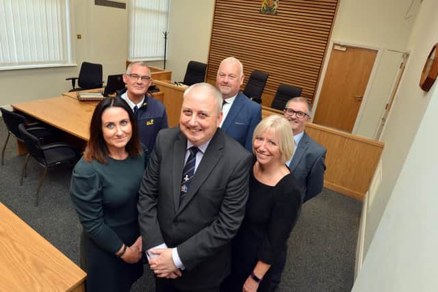 Front from left chairman of the bench John Scott MBE JP, court cluster manager Allison Cook and operations manager Christine Robson. Back, HMCT's Ronnie Toaduff, Gary Robson and Steve Robinson