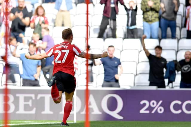 Max Power celebrates scoring against Scunthorpe United