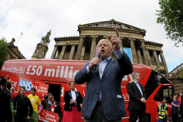 Leading Brexit campaigner Boris Johnson with the Leave campaign bus which promised an extra 350million  year for the NHS.
