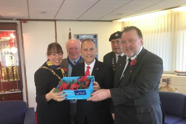 From left, Mayor of Sunderland, Councillor Lynda Scanlan, and Mayoral Consort, Mickey Horswill, with regional broadcaster and special guest of the Royal British Legion, Jeff Brown, former Light Infantryman and Poppy Appeal volunteer, Steve Hope, and Branch Chair (Sunderland,) Vince Harris to help promote this year's fundraising efforts.