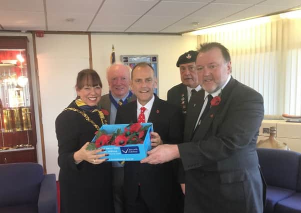 From left, Mayor of Sunderland, Councillor Lynda Scanlan, and Mayoral Consort, Mickey Horswill, with regional broadcaster and special guest of the Royal British Legion, Jeff  Brown, former Light Infantryman and Poppy Appeal volunteer, Steve Hope, and Branch Chair (Sunderland,) Vince Harris to help promote this year's fundraising efforts.