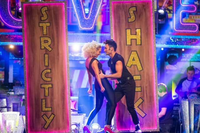 Faye Tozer and her dance partner Giovanni Pernice got four 9s from the Strictly Come Dancing judges for their performance as Sandy and Danny from Grease. Pic:Guy Levy/BBC/PA Wire.