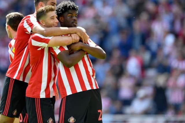 Josh Maja celebrates a goal.
