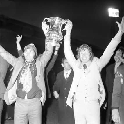 Two Sunderland legends, Ian Porterfield and Jimmy Montgomery, with the FA Cup after the 1-0 win over Leeds United at Wembley in 1973.