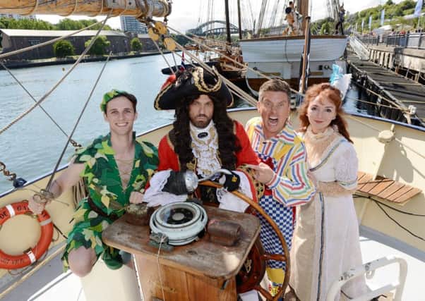The cast of high-flying pantomime adventure, Peter Pan at The Tall Ships in Sunderland.  Jamie Lomas as Captain Hook, Richard McCourt as Mr Smee, Melanie Walters as Mother, Mrs Darling and Josh Andrews as Peter Pan.