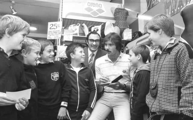 David Wilkie meets some of his adoring fans from Sunderland Swimming Club in 1980, at the Joseph's Sports Shop. Also pictured is shop owner David Joseph.