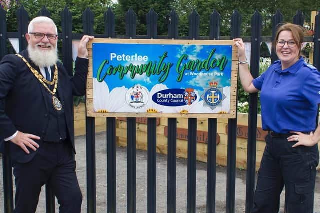 Peterlee Town Mayor Scott Meikle and PCSO Michelle Burr at the garden.