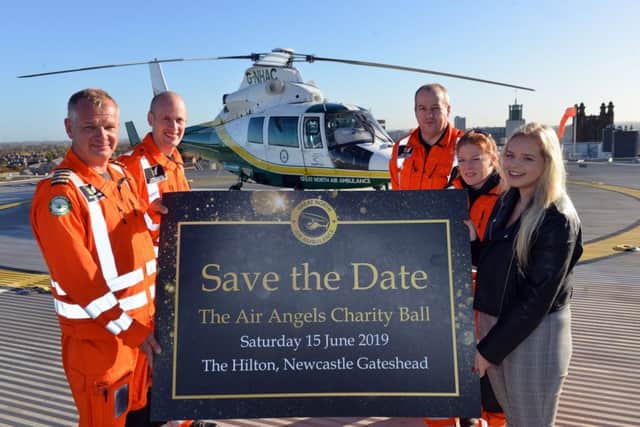 Great North Air Ambulance patient Lauren Boylen is to support Air Angels Ball charity event. Crew from left pilot Keith Armatage, doctor Chris Johnson, paramedic Steve Miles and paramedic Sarah Graham