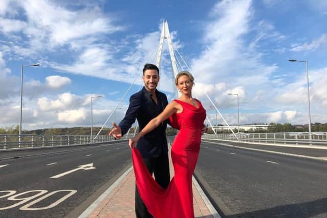 Strictly favourites Faye Tozer and Giovanni Pernice became the first people to officially dance across Sunderlands Northern Spire when they rehearsed their Foxtrot routine on the bridge deck.