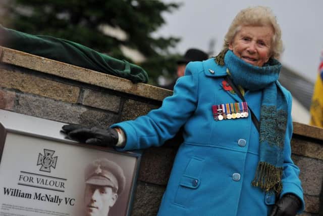 Doreen Murley at the unveiling of memorial to Victoria Cross medal hero William McNally, at Murton Village.