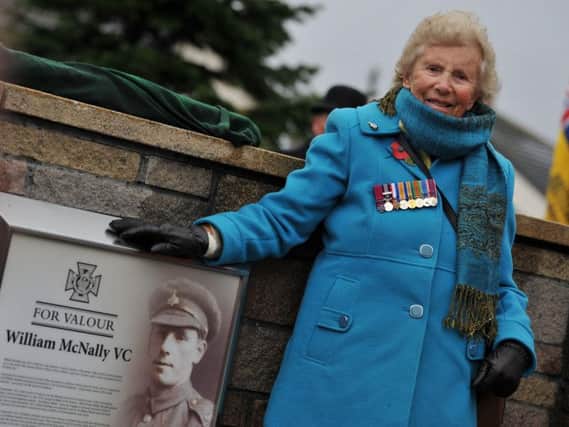 Doreen Murley at the unveiling of memorial to Victoria Cross medal hero William McNally, at Murton Village.