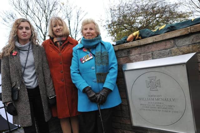 Lauren Ashby, Alison Ashby and Doreen Murley at the unveiling of memorial to Victoria Cross medal hero William McNally,