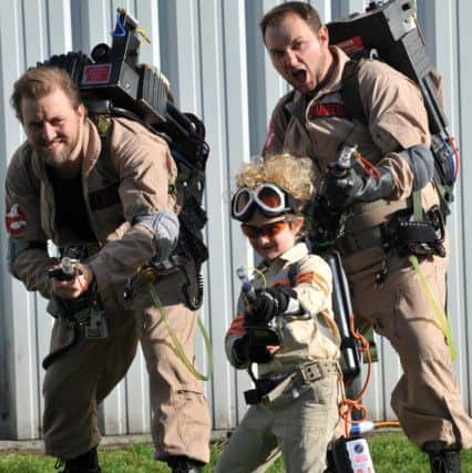 Ghostbuster Alice Thompson with Scott Bainbridge and Chad Bloomfield, at Cosplotion held at North East Land, Sea and Air Museum.
