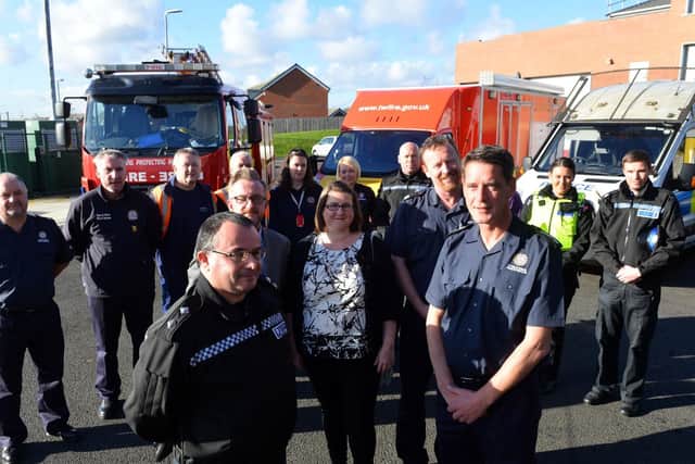 Front row: Northumbria Police Inspector Don Wade, Gentoo's Michael Donachie, Coun Alex Samuels, Tyne and Wear Fire and Rescue's community safety Tony Chapman with  Area Manager Shaun Makin