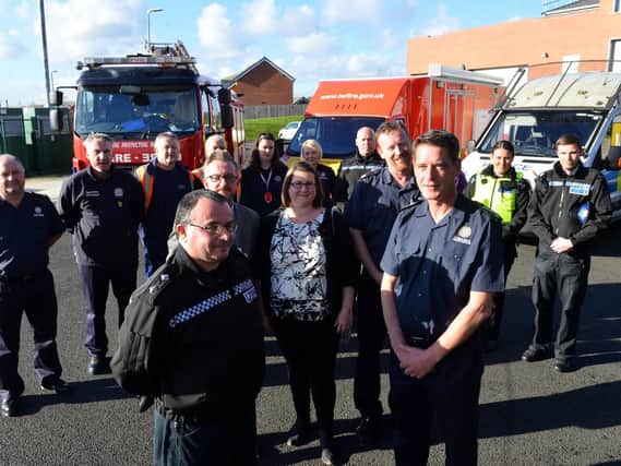 Front row: Northumbria Police Inspector Don Wade, Gentoo's Michael Donachie, Coun Alex Samuels, Tyne and Wear Fire and Rescue's community safety Tony Chapman with  Area Manager Shaun Makin