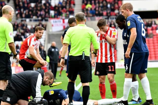 Ben Coker was stretched off the pitch at the Stadium of Light.
