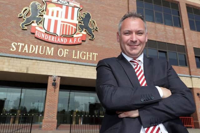 Club chairman Stewart Donald outside the Stadium of light. He says there are no plans to change the crest.