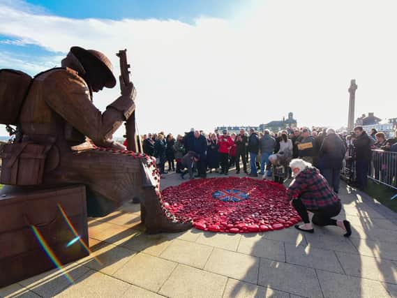 The final stones are laid as part of the installation at the foot of Seaham's Tommy artwork on the Terrace Green.