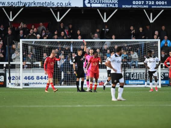 Peter Kioso is sent off at Bromley on Saturday.