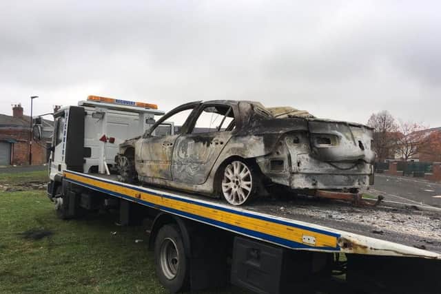 A burnt out car on the back of a recovery truck following the blazes started in Cato Street, Southwick. Photo by BBC Newcastle.