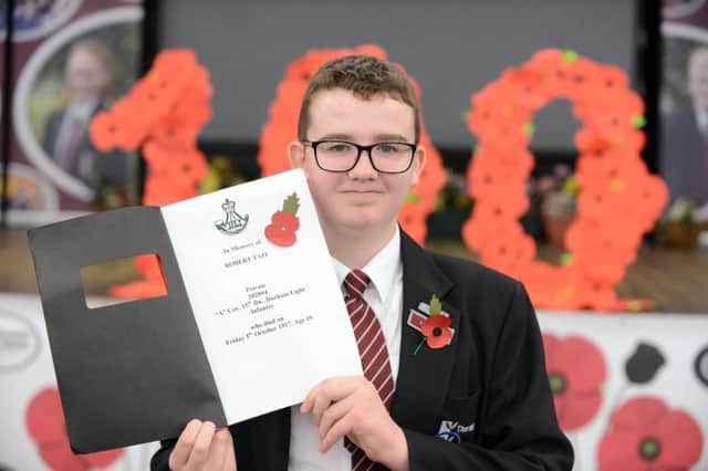 Thornhill Academy remembrance event. Pupil Jake Gray who researched his great grandfather Robert Tait