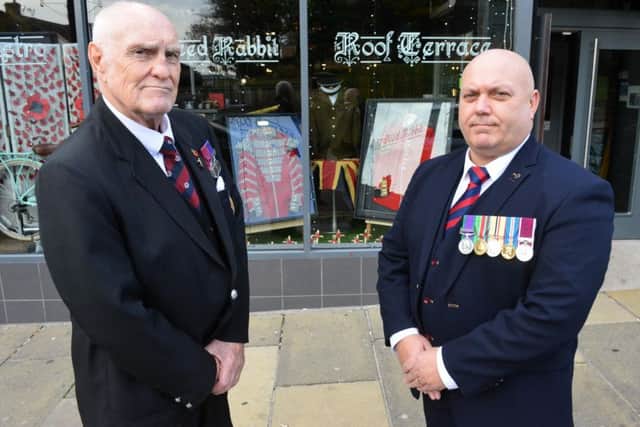 Remembrance display at The Rabbit, High Street West. Veterans Andrew Norton and Lee Robson